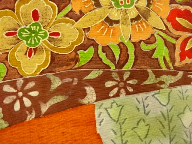  手織り紬金彩色紙に草花模様名古屋帯